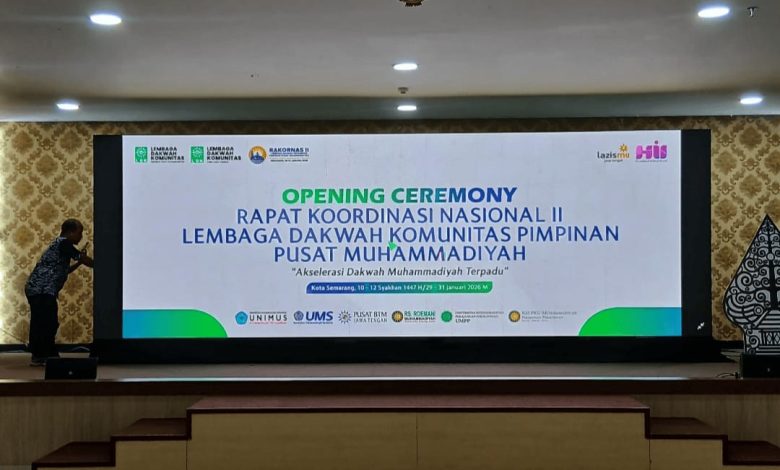 Layar utama Opening Ceremony Rakornas II LDK PP Muhammadiyah 2026 di Semarang bertema Akselerasi Dakwah Muhammadiyah Terpadu.