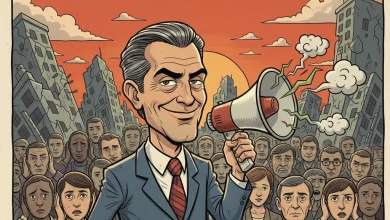 Karikatur politikus tersenyum membawa pengeras suara di depan kerumunan warga yang sedih dan gedung hancur, simbol janji aktivis yang jadi politikus korup.