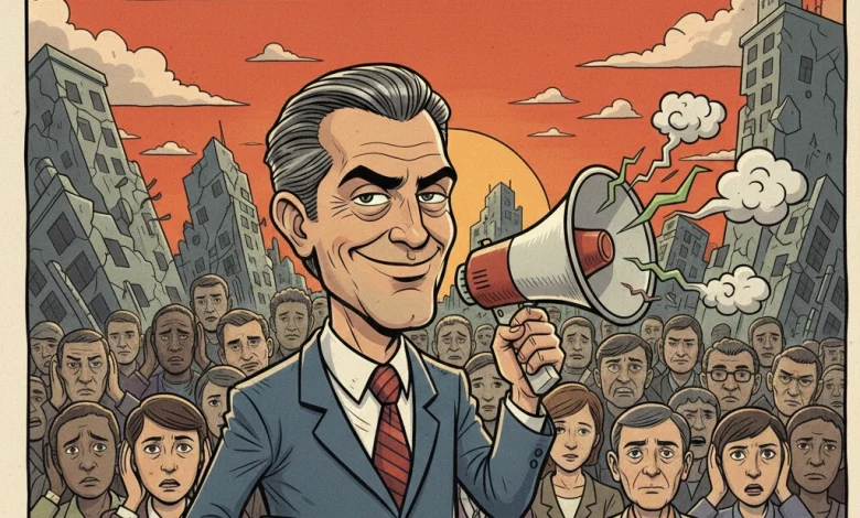 Karikatur politikus tersenyum membawa pengeras suara di depan kerumunan warga yang sedih dan gedung hancur, simbol janji aktivis yang jadi politikus korup.