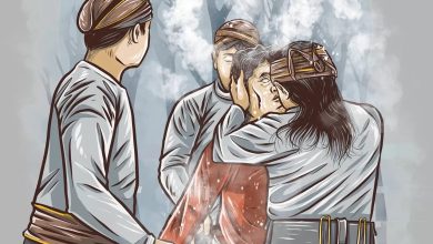 Ilustrasi fenomena kesurupan di Indonesia yang menunjukkan seseorang sedang ditangani oleh beberapa pria berpakaian adat dalam suasana mistis dan berasap.