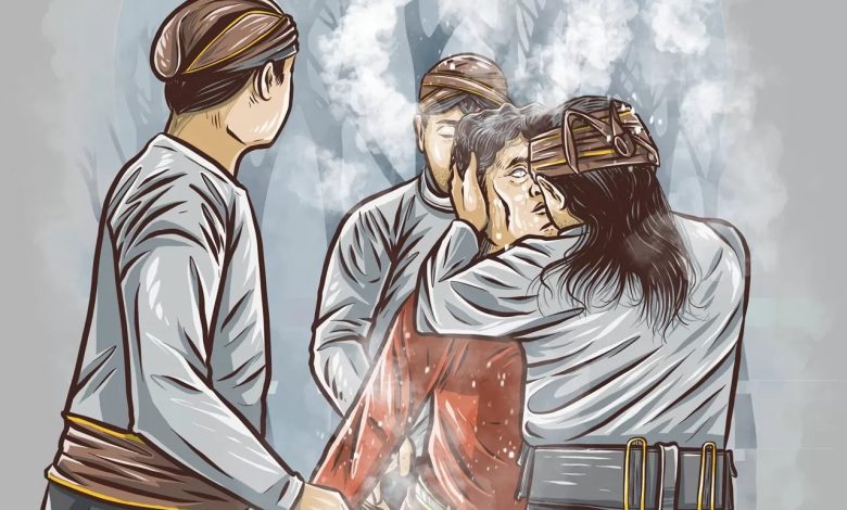 Ilustrasi fenomena kesurupan di Indonesia yang menunjukkan seseorang sedang ditangani oleh beberapa pria berpakaian adat dalam suasana mistis dan berasap.