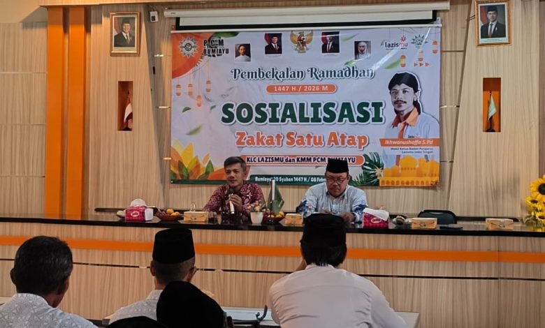 Ikhwanushoffa mengisi sosialisasi Zakat Ramadan 2026 dan zakat satu atap di KLC Lazismu dan KMM PCM Bumiayu.