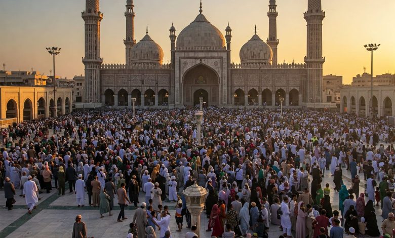 Ribuan jamaah menghadiri salat Idul Fitri di halaman masjid besar saat matahari terbit sebagai simbol kebersamaan dan kemenangan setelah Ramadan.