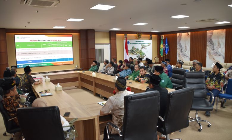 Suasana rapat pleno silaturahmi PWM Jawa Tengah di Unimus yang membahas proyeksi KPI Utama PWM Periode M-48 melalui layar digital.
