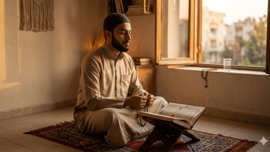 Seorang Muslim sedang duduk membaca Al-Qur’an sambil berdzikir di dalam rumah saat cahaya matahari masuk melalui jendela, menggambarkan ketenangan dan pengendalian diri dalam ibadah.