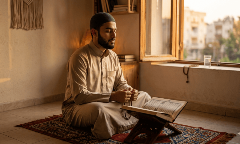 Seorang Muslim sedang duduk membaca Al-Qur’an sambil berdzikir di dalam rumah saat cahaya matahari masuk melalui jendela, menggambarkan ketenangan dan pengendalian diri dalam ibadah.