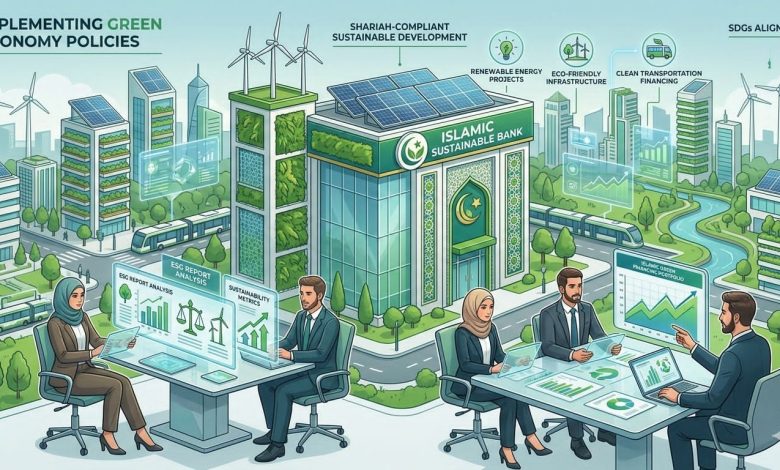 Ilustrasi implementasi kebijakan green economy pada industri perbankan syariah yang mendukung pembangunan berkelanjutan dan ESG.