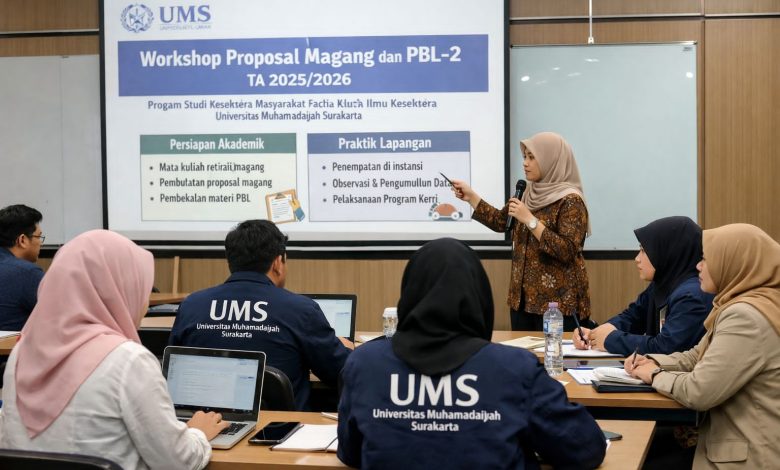 Dosen memaparkan materi dalam Workshop Proposal Magang dan PBL-2 Tahun Akademik 2025/2026 kepada mahasiswa Program Studi Kesehatan Masyarakat UMS.