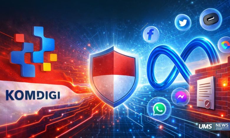 Ilustrasi kedaulatan digital Indonesia dengan simbol Komdigi, perisai merah putih, dan ikon platform media sosial global.
