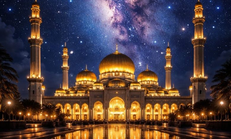 Masjid bercahaya di malam hari dengan langit penuh bintang sebagai ilustrasi suasana malam Lailatul Qadr yang penuh ketenangan dan kemuliaan.