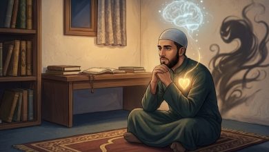 Ilustrasi seorang muslim sedang merenung dan mengelola nafsu dengan bimbingan akal dan hati dalam konsep manajemen nafsu dalam Islam.