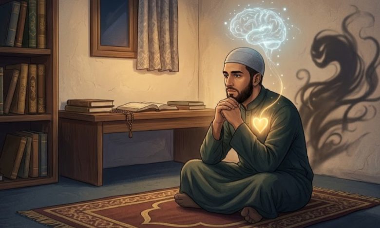 Ilustrasi seorang muslim sedang merenung dan mengelola nafsu dengan bimbingan akal dan hati dalam konsep manajemen nafsu dalam Islam.