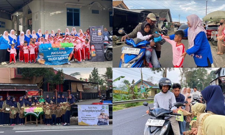 Kolase empat foto kegiatan AkSaRa Ramadan TPA-KB-BA Aisyiyah Budi Mulia Muntung saat guru dan anak-anak membagikan takjil kepada pengguna jalan di Candiroto.