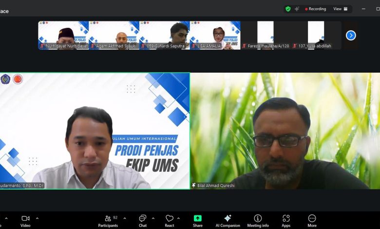 International Guest Lecture Prodi Penjas FKIP UMS bersama akademisi Pakistan Bilal Ahmad Qureshi secara daring melalui Zoom.