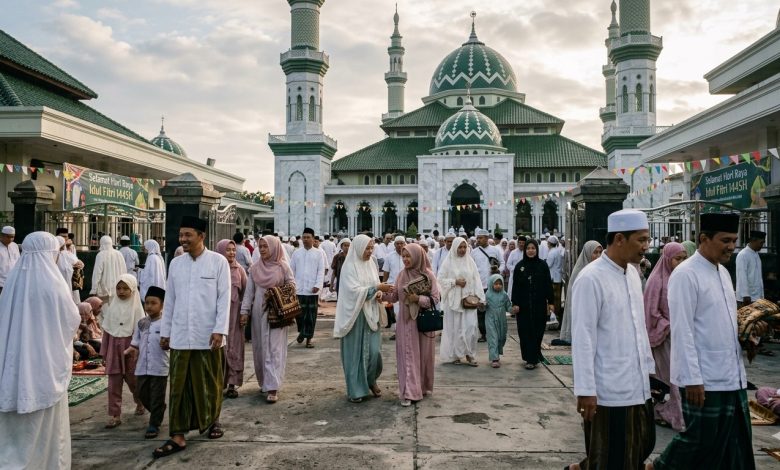 Jemaah Muslim berjalan keluar dari area masjid usai menunaikan salat Idul Fitri 1445 H pada pagi hari.