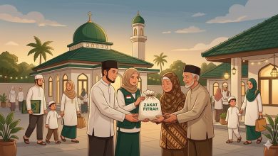 Ilustrasi penyaluran zakat fitrah di halaman masjid menjelang Idulfitri, memperlihatkan panitia menyerahkan beras kepada pasangan lansia dalam suasana hangat dan penuh kebersamaan.
