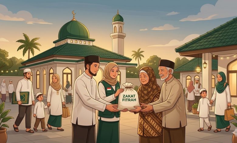 Ilustrasi penyaluran zakat fitrah di halaman masjid menjelang Idulfitri, memperlihatkan panitia menyerahkan beras kepada pasangan lansia dalam suasana hangat dan penuh kebersamaan.