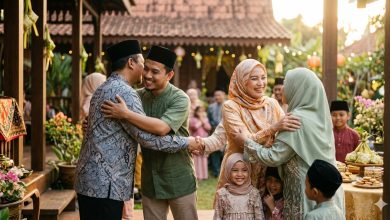Keluarga Muslim saling bersalaman dan berpelukan dalam suasana hangat silaturahmi di momen Ramadan