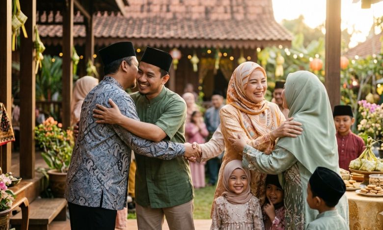 Keluarga Muslim saling bersalaman dan berpelukan dalam suasana hangat silaturahmi di momen Ramadan