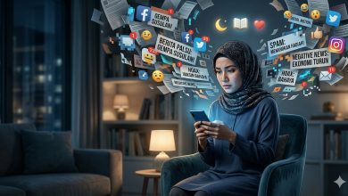 Seorang perempuan berhijab melihat ponsel dengan dikelilingi notifikasi hoaks, spam, dan berita negatif di era digital