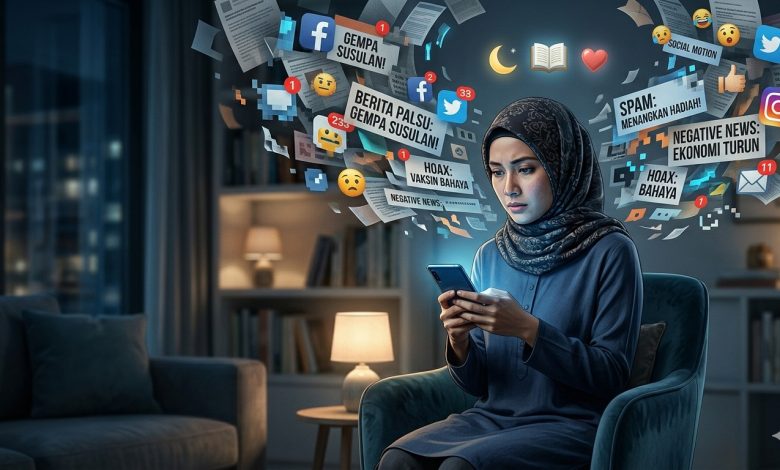 Seorang perempuan berhijab melihat ponsel dengan dikelilingi notifikasi hoaks, spam, dan berita negatif di era digital
