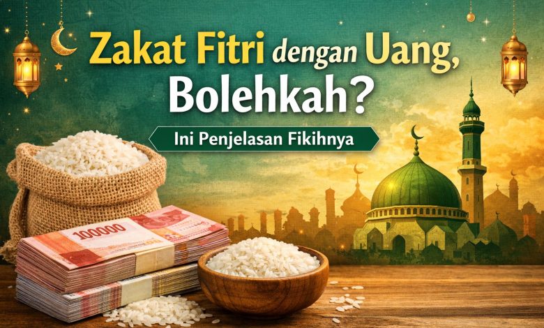 Ilustrasi zakat fitri dengan uang dan beras dengan latar masjid, menggambarkan perdebatan pembayaran zakat fitri dalam bentuk uang atau bahan pokok