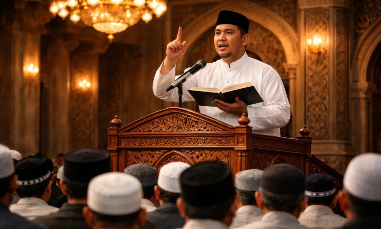 Ustadz menyampaikan khutbah Idul Fitri di mimbar masjid di hadapan jamaah