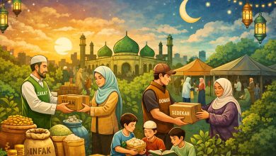 Ilustrasi suasana Idul Fitri dengan aktivitas zakat, infak, dan sedekah di lingkungan masjid saat senja