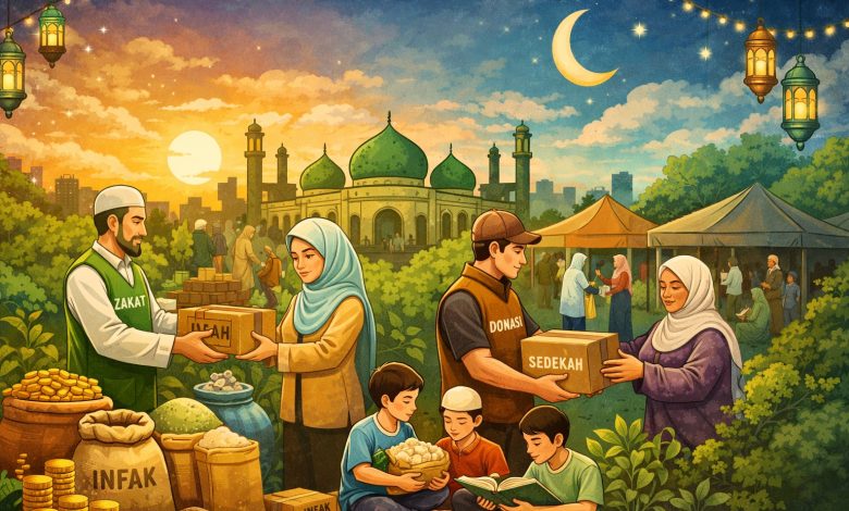 Ilustrasi suasana Idul Fitri dengan aktivitas zakat, infak, dan sedekah di lingkungan masjid saat senja