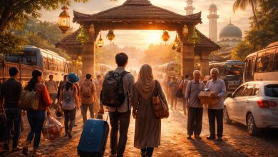Suasana arus mudik Idulfitri di Indonesia, para pemudik berjalan menuju kampung halaman saat matahari terbenam dengan latar masjid dan gerbang desa