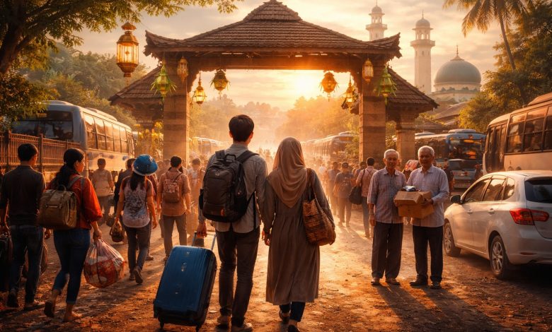 Suasana arus mudik Idulfitri di Indonesia, para pemudik berjalan menuju kampung halaman saat matahari terbenam dengan latar masjid dan gerbang desa