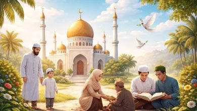 Ilustrasi keluarga Muslim berbagi kebaikan di depan masjid sebagai gambaran fitrah manusia dalam Islam