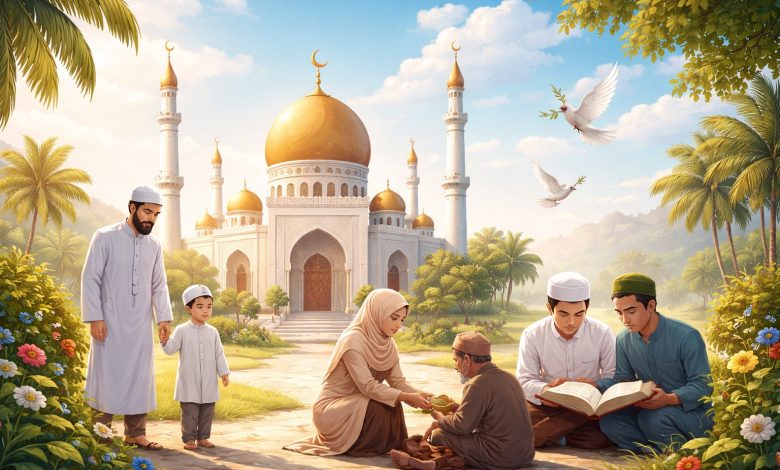 Ilustrasi keluarga Muslim berbagi kebaikan di depan masjid sebagai gambaran fitrah manusia dalam Islam