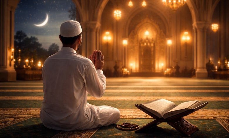 Seorang pria Muslim duduk dalam suasana hening sambil berdoa dan merenung di malam Ramadan