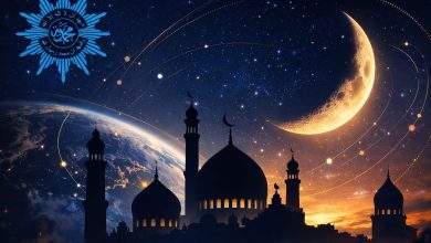 Ilustrasi hilal, peredaran benda langit, dan masjid dengan simbol Muhammadiyah sebagai representasi hisab dan kalender Hijriyah
