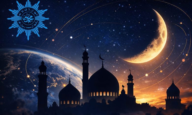 Ilustrasi hilal, peredaran benda langit, dan masjid dengan simbol Muhammadiyah sebagai representasi hisab dan kalender Hijriyah
