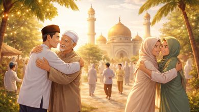 Ilustrasi suasana Idul Fitri di kampung dengan keluarga Muslim saling berpelukan di depan masjid bernuansa hangat.