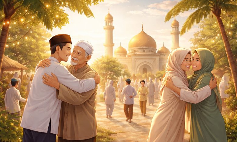 Ilustrasi suasana Idul Fitri di kampung dengan keluarga Muslim saling berpelukan di depan masjid bernuansa hangat.