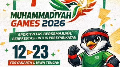Poster Muhammadiyah Games 2026 menampilkan maskot burung dan informasi jadwal 12–23 Mei di Yogyakarta dan Jawa Tengah