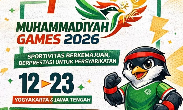 Poster Muhammadiyah Games 2026 menampilkan maskot burung dan informasi jadwal 12–23 Mei di Yogyakarta dan Jawa Tengah