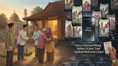 Ilustrasi suasana Lebaran di depan rumah dan masjid, menampilkan keluarga yang bersalaman dan berpelukan, berdampingan dengan tampilan story media sosial yang menggambarkan refleksi tentang makna Lebaran di era digital.