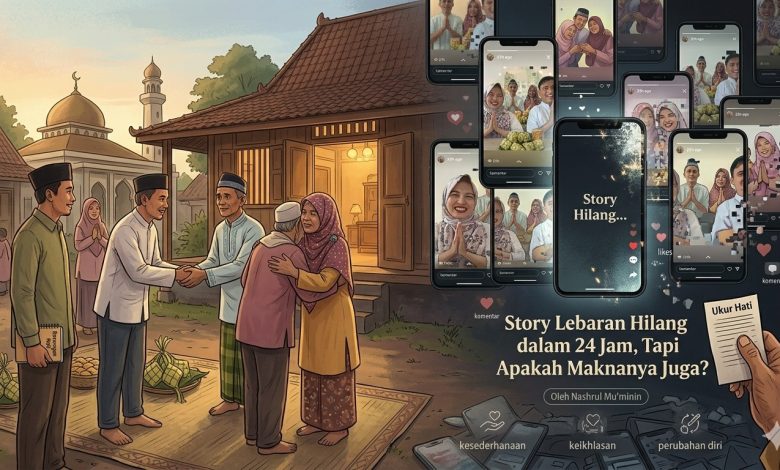 Ilustrasi suasana Lebaran di depan rumah dan masjid, menampilkan keluarga yang bersalaman dan berpelukan, berdampingan dengan tampilan story media sosial yang menggambarkan refleksi tentang makna Lebaran di era digital.