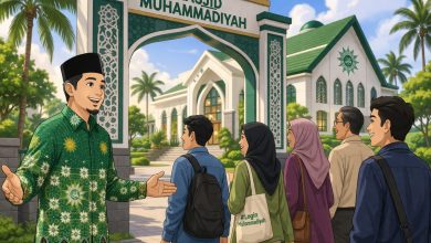 Ilustrasi sekelompok anak muda memasuki area Masjid Muhammadiyah dan disambut hangat oleh kader Muhammadiyah sebagai gambaran fenomena “login Muhammadiyah” di media sosial.