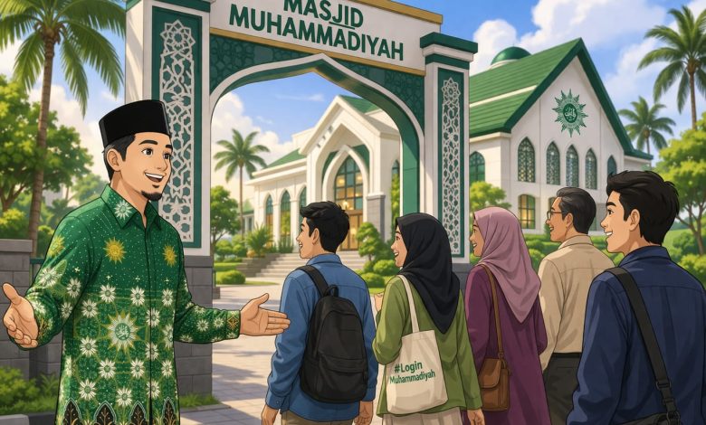 Ilustrasi sekelompok anak muda memasuki area Masjid Muhammadiyah dan disambut hangat oleh kader Muhammadiyah sebagai gambaran fenomena “login Muhammadiyah” di media sosial.
