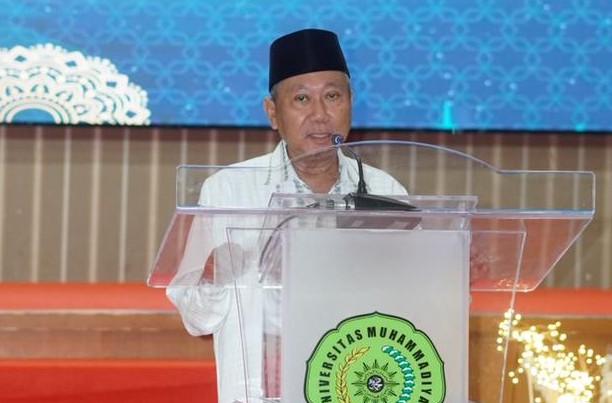 Rektor UNIMUGO Prof. Dr. Sofyan Anif, M.Si pada saat sambutan dan penerimaan iqrar halal bi halal Idul Fitri 1447 H.