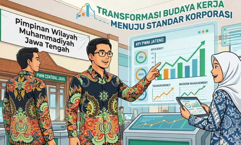 Ilustrasi vector suasana kantor modern PWM Jawa Tengah yang menerapkan sistem KPI dengan menampilkan grafik performa digital dan banner transformasi budaya kerja standar korporasi.