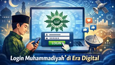 Ilustrasi Login Muhammadiyah di era digital dengan pemuda Muslim menggunakan smartphone dan tampilan logo Muhammadiyah di layar laptop