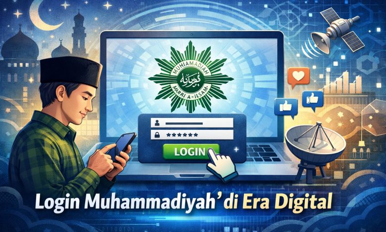 Ilustrasi Login Muhammadiyah di era digital dengan pemuda Muslim menggunakan smartphone dan tampilan logo Muhammadiyah di layar laptop