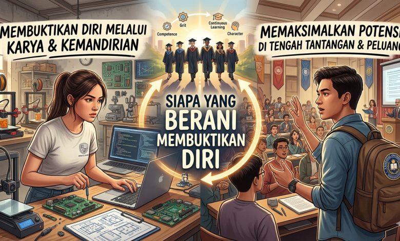 Ilustrasi mahasiswa membuktikan diri melalui karya dan pengembangan potensi di kampus negeri atau swasta