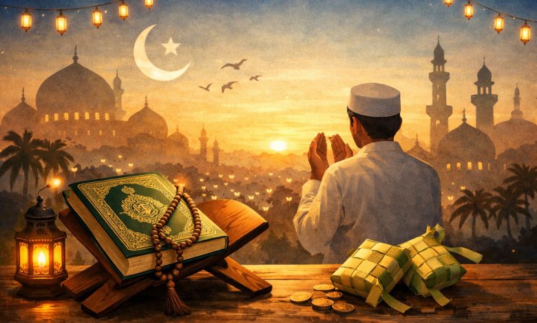 Ilustrasi suasana pasca Idulfitri dengan Al-Qur’an, tasbih, ketupat, dan seorang muslim berdoa di bawah langit senja berlatar masjid